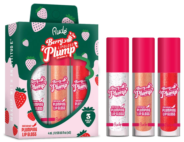 Berry Juicy Lip Gloss Trio – Plump, Hydrate, Shine This trio set features our best-selling Berry Juicy Plumping Lip Gloss, infused with hyaluronic acid, shea butter, vitamin E, and a touch of chili extract for an instant plump. Each gloss glides on with a high-shine, non-sticky finish, delivering lips that look fuller, feel softer, and stay moisturized all day. Whether you’re wearing it alone or over your favorite lip color, this trio will give your pout the perfect juicy upgrade.