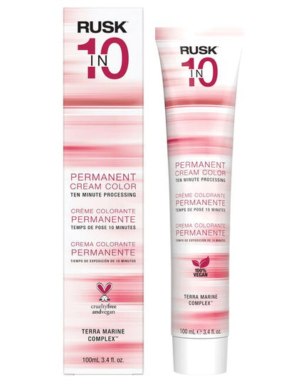 RUSK®in10 Permanent Cream Color delivers vibrant color results and 100% gray coverage in just 10 minutes. Lifts and deposits in one easy step. Formulated with 5 amino acids for condition and shine.