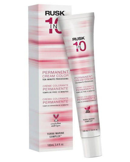 RUSK®in10 Permanent Cream Color delivers vibrant color results and 100% gray coverage in just 10 minutes. Lifts and deposits in one easy step. Formulated with 5 amino acids for condition and shine.