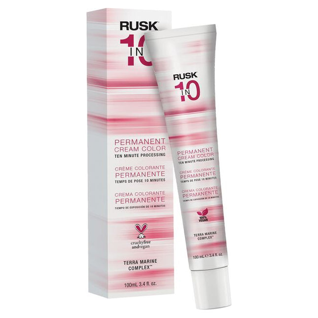 RUSK®in10 Permanent Cream Color delivers vibrant color results and 100% gray coverage in just 10 minutes. Lifts and deposits in one easy step. Formulated with 5 amino acids for condition and shine.
