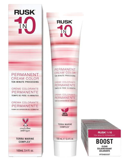 RUSK®in10 Permanent Cream Color delivers vibrant color results and 100% gray coverage in just 10 minutes. Lifts and deposits in one easy step. Formulated with 5 amino acids for condition and shine.