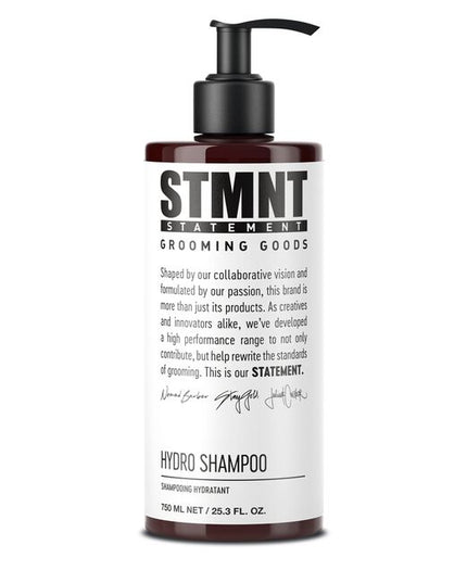 Raise your care-game with the STMNT Hydro Shampoo: A hydrating hair, scalp and beard wash designed to not only cleanse and remove product buildup but also leave hair and scalp feeling moisturized and healthy all day long. The high-performing hydrating formula with caring and balancing ingredients like allantoin and panthenol cleanses gently but effectively, creating the perfect base for a STMNT making cut and styling. Even for clients with dry hair or delicate scalp.