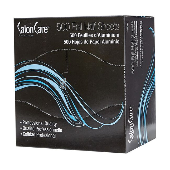 Salon Care Foil Half Sheets are convenient, 5 Inch x 10.75 Inch single sheets that are great for all hair coloring techniques and services. The unique design saves on preparation time and they are already cut into a convenient size. Texturized for easy application and better strength. Foil sheets can be recycled at any recycling center.