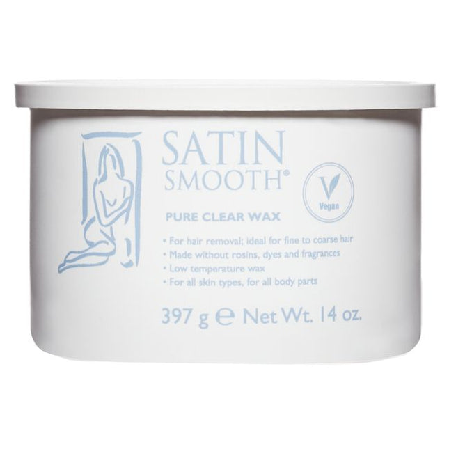 Satin Smooth’s completely clear soft wax is a gentle, fragrance-free formula designed for sensitive skin, containing no added dyes or rosins.