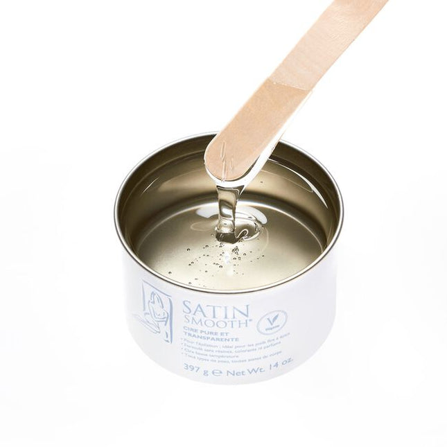 Satin Smooth’s completely clear soft wax is a gentle, fragrance-free formula designed for sensitive skin, containing no added dyes or rosins.