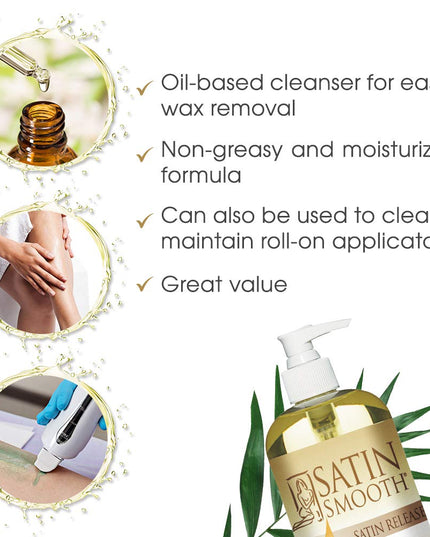 Post-depilatory cleansing oil. Removes wax residue easily - penetrating quickly while moisturizing the skin for a silky finish to waxing services. A combination of sunflower oil, wheat germ oil and almond oil, Satin Release® can also be used to clean and maintain roll-on applicators.