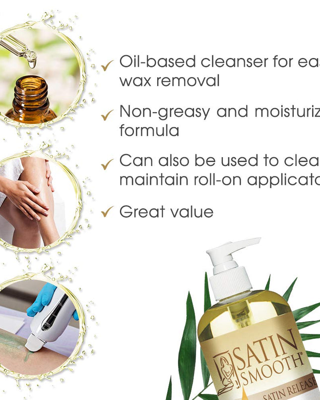 Post-depilatory cleansing oil. Removes wax residue easily - penetrating quickly while moisturizing the skin for a silky finish to waxing services. A combination of sunflower oil, wheat germ oil and almond oil, Satin Release® can also be used to clean and maintain roll-on applicators.