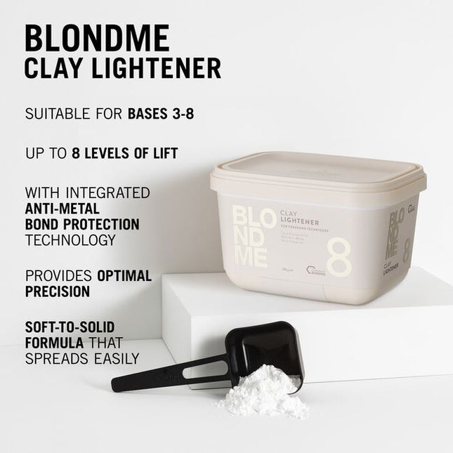 NEW BLONDME Premium Clay lightener, with Schwarzkopf Bonding and anti-metal bond protection, provides optimal precision with a soft-to-solid formula created for freehand techniques.
