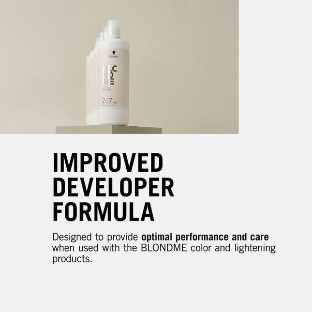 With an enhanced formulation containing glycerin, known for its caring properties, the BLONDME 6%/20 Volume Premium Developer is specially developed for the precise application of lightening products. When used with BLONDME Lighteners, Swell Control Technology ensures optimal precision and controlled lightening results. This premium developer is designed to provide optimal performance and care when used with BLONDME colour and lightening products.