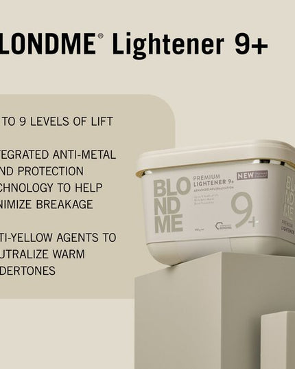 NEW Improved Formula, BLONDME Premium 9+ Developer, with Schwarzkopf Bonding and anti-metal bond protection, provides advanced neutralization and up to 9 levels of lift.
