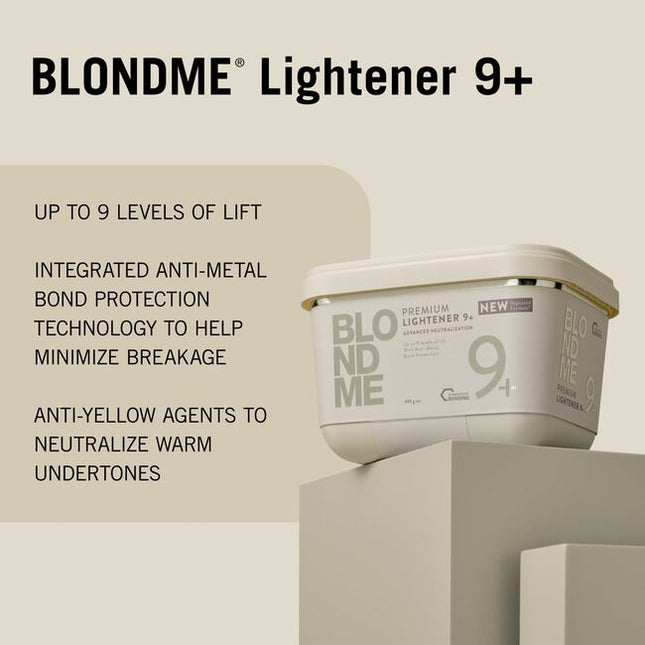 NEW Improved Formula, BLONDME Premium 9+ Developer, with Schwarzkopf Bonding and anti-metal bond protection, provides advanced neutralization and up to 9 levels of lift.