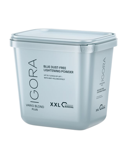 The IGORA VARIO BLOND Plus Powder Lightener offers up to 7 levels of lift and delivers precise neutralization with anti-yellow effect. This formula with integrated Fibre Bond Technology enforces bonds within the hair fiber to reduce breakage.