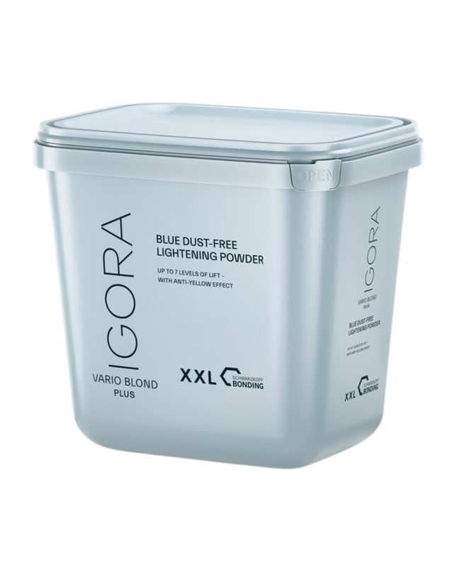 The IGORA VARIO BLOND Plus Powder Lightener offers up to 7 levels of lift and delivers precise neutralization with anti-yellow effect. This formula with integrated Fibre Bond Technology enforces bonds within the hair fiber to reduce breakage.
