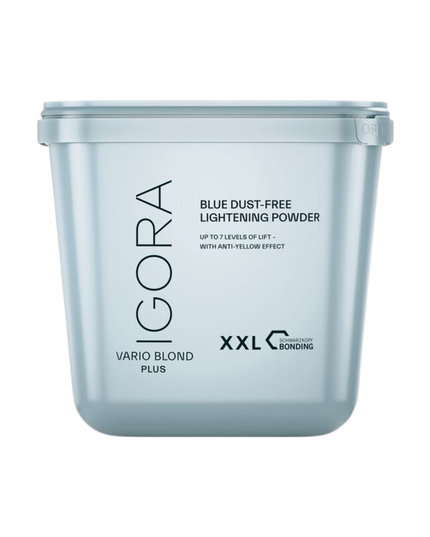 The IGORA VARIO BLOND Plus Powder Lightener offers up to 7 levels of lift and delivers precise neutralization with anti-yellow effect. This formula with integrated Fibre Bond Technology enforces bonds within the hair fiber to reduce breakage.