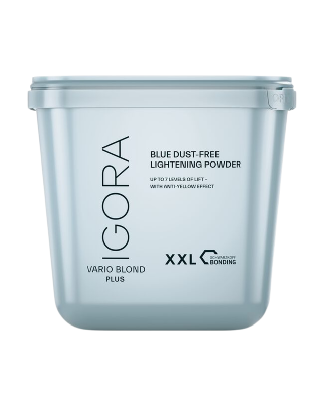 The IGORA VARIO BLOND Plus Powder Lightener offers up to 7 levels of lift and delivers precise neutralization with anti-yellow effect. This formula with integrated Fibre Bond Technology enforces bonds within the hair fiber to reduce breakage.