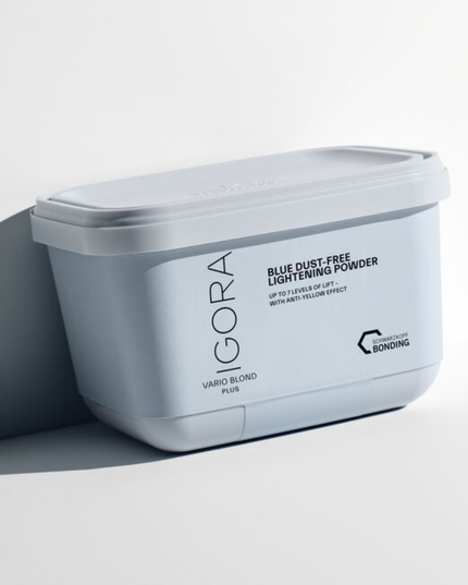 The IGORA VARIO BLOND Plus Powder Lightener offers up to 7 levels of lift and delivers precise neutralization with its anti-yellow effect. This formula with integrated Fibre Bond Technology enforces bonds within the hair fiber to reduce breakage.
