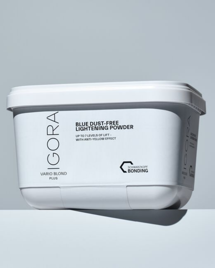 The IGORA VARIO BLOND Plus Powder Lightener offers up to 7 levels of lift and delivers precise neutralization with its anti-yellow effect. This formula with integrated Fibre Bond Technology enforces bonds within the hair fiber to reduce breakage.