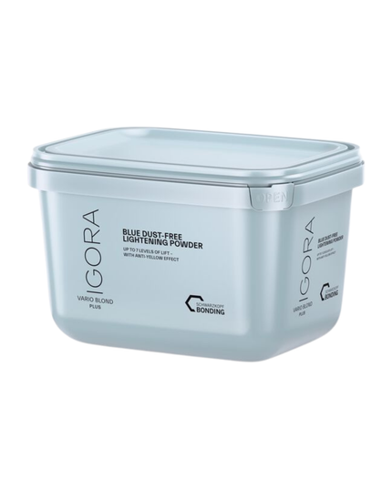 The IGORA VARIO BLOND Plus Powder Lightener offers up to 7 levels of lift and delivers precise neutralization with its anti-yellow effect. This formula with integrated Fibre Bond Technology enforces bonds within the hair fiber to reduce breakage.