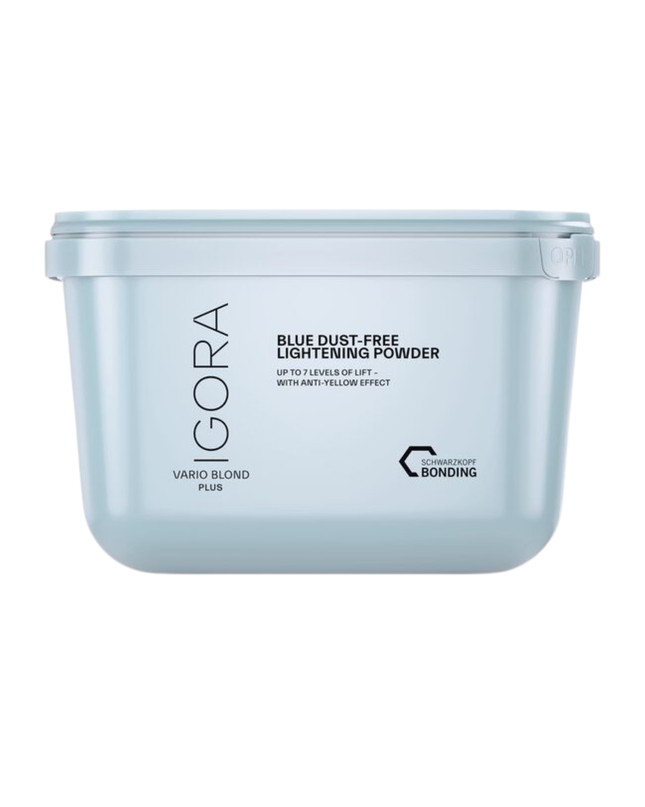 The IGORA VARIO BLOND Plus Powder Lightener offers up to 7 levels of lift and delivers precise neutralization with its anti-yellow effect. This formula with integrated Fibre Bond Technology enforces bonds within the hair fiber to reduce breakage.
