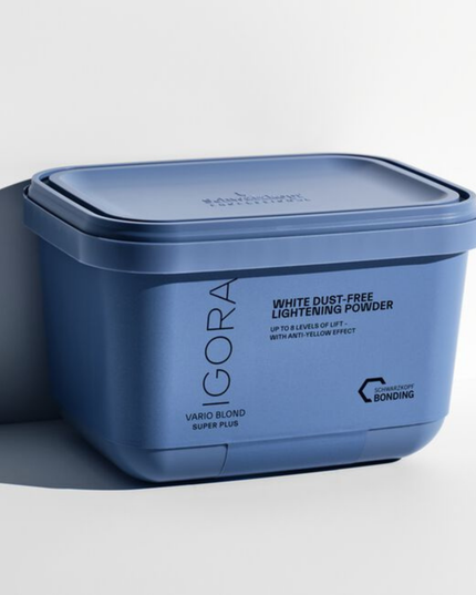 The IGORA VARIO BLOND Super Plus Powder Lightener offers up to 8 levels of lift and delivers precise neutralization with its anti-yellow effect. This formula with integrated Fibre Bond Technology enforces bonds within the hair fiber to reduce breakage.