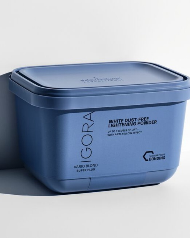 The IGORA VARIO BLOND Super Plus Powder Lightener offers up to 8 levels of lift and delivers precise neutralization with its anti-yellow effect. This formula with integrated Fibre Bond Technology enforces bonds within the hair fiber to reduce breakage.