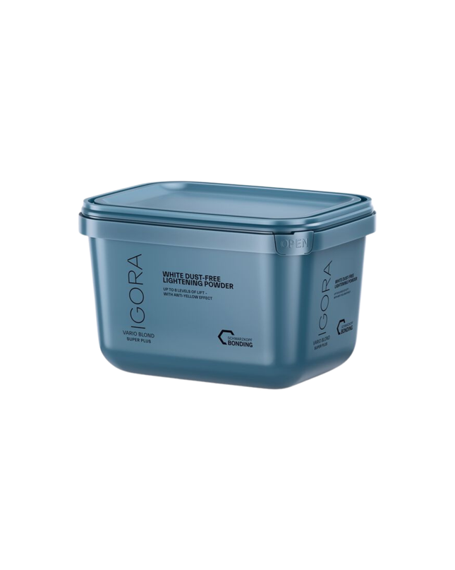 The IGORA VARIO BLOND Super Plus Powder Lightener offers up to 8 levels of lift and delivers precise neutralization with its anti-yellow effect. This formula with integrated Fibre Bond Technology enforces bonds within the hair fiber to reduce breakage.
