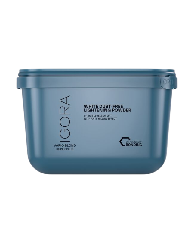 The IGORA VARIO BLOND Super Plus Powder Lightener offers up to 8 levels of lift and delivers precise neutralization with its anti-yellow effect. This formula with integrated Fibre Bond Technology enforces bonds within the hair fiber to reduce breakage.