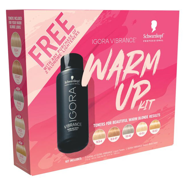 IGORA Vibrance Warm Up Kit Includes:

(1) - IGORA Vibrance 9.5-47, 2 fl. oz.
(1) - IGORA Vibrance 10-42, 2 fl. oz.
(1) - IGORA Vibrance 10-51, 2 fl. oz.
(1) - IGORA Vibrance 10-57, 2. fl. oz.
(1) - IGORA Vibrance 9.5-4, 2 fl. oz.