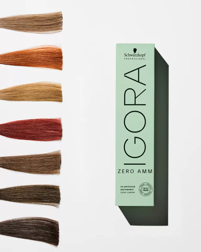 IGORA ZERO AMM is Schwarzkopf Professional's range of ammonia-free permanent colors, enriched with Phytolipid-Technology, a blend of natural micronized oils with Omega 9 enveloping the hair, supporting the moisture balance inside. IGORA ZERO AMM is crafted with optimized pigment mixes for natural true-to-tone color results.