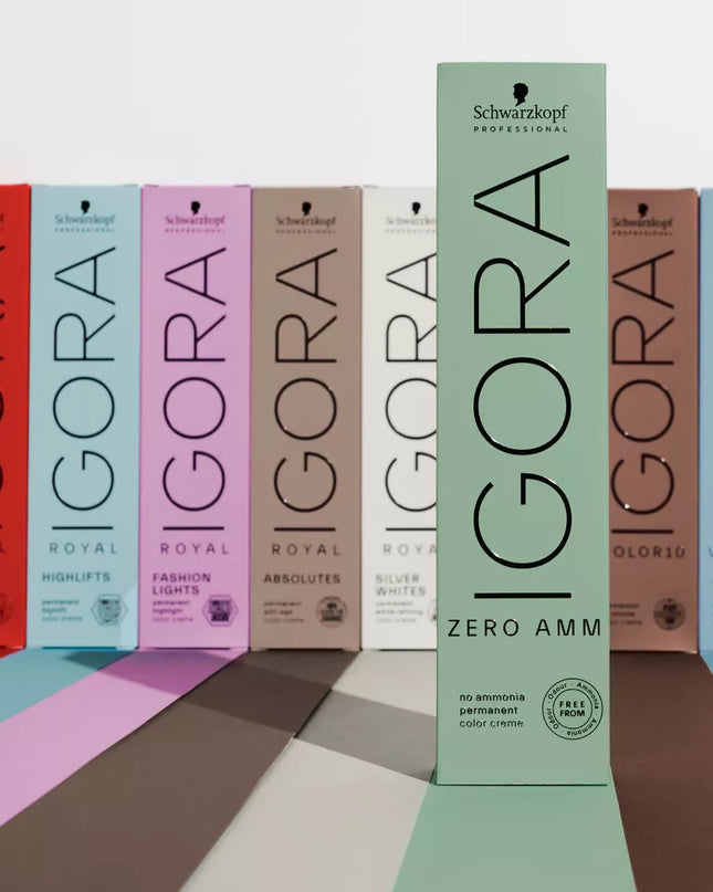 IGORA ZERO AMM is Schwarzkopf Professional's range of ammonia-free permanent colors, enriched with Phytolipid-Technology, a blend of natural micronized oils with Omega 9 enveloping the hair, supporting the moisture balance inside. IGORA ZERO AMM is crafted with optimized pigment mixes for natural true-to-tone color results.