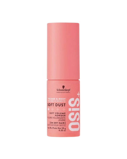 OSIS+ Dry Soft Dust fine powder with coconut extract and sea salt. Maintains volume throughout day. Creates subtle wavy texture. Leaves hair moisturized and soft. Easy to apply and wash out. Powdery hair feel, no helmet effect. Soft Volume Powder.