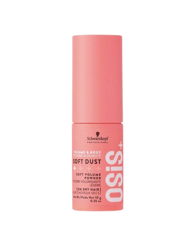 OSIS+ Dry Soft Dust fine powder with coconut extract and sea salt. Maintains volume throughout day. Creates subtle wavy texture. Leaves hair moisturized and soft. Easy to apply and wash out. Powdery hair feel, no helmet effect. Soft Volume Powder.