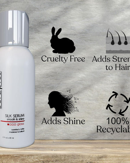 Our Silk Serum is a lightweight, quick drying formula that acts as a soothing gloss sealing in needed moisture providing you a polished, flawless shine. We've infused this formula with Vitamin E which helps restores your clients hair back to optimal health.