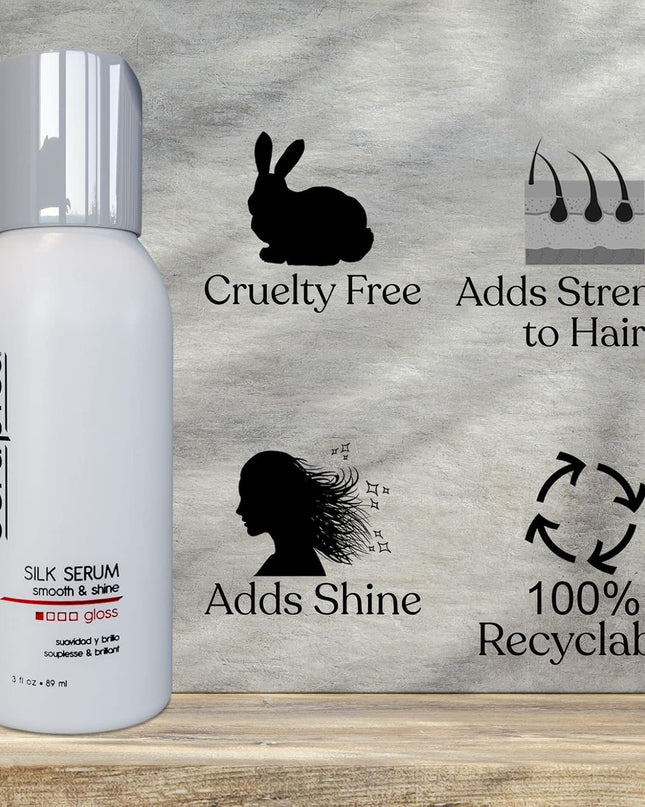 Our Silk Serum is a lightweight, quick drying formula that acts as a soothing gloss sealing in needed moisture providing you a polished, flawless shine. We've infused this formula with Vitamin E which helps restores your clients hair back to optimal health.