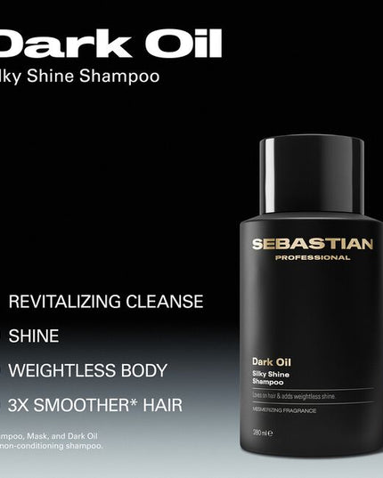 Sebastian Professional Dark Oil Silky Shine Shampoo, a revitalizing shampoo that creates silky shine and weightless body. This shampoo leaves hair with a mesmerizing fragrance and loves on every strand of your hair. Dark Oil Shampoo—part of the Dark Oil routine that loves all hair types.