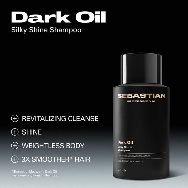 Sebastian Professional Dark Oil Silky Shine Shampoo, a revitalizing shampoo that creates silky shine and weightless body. This shampoo leaves hair with a mesmerizing fragrance and loves on every strand of your hair. Dark Oil Shampoo—part of the Dark Oil routine that loves all hair types.