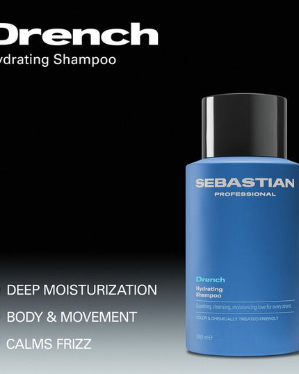 Sebastian Professional Drench Hydrating Shampoo, a quenching shampoo for dry hair in need of moisture. This cleansing shampoo helps calm frizz, creating silky body and movement. Suitable for colored and chemically treated hair.
