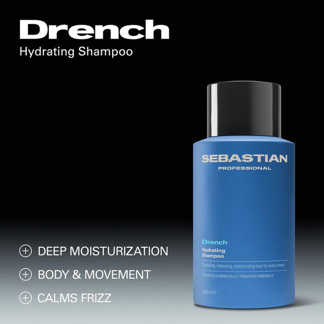 Sebastian Professional Drench Hydrating Shampoo, a quenching shampoo for dry hair in need of moisture. This cleansing shampoo helps calm frizz, creating silky body and movement. Suitable for colored and chemically treated hair.