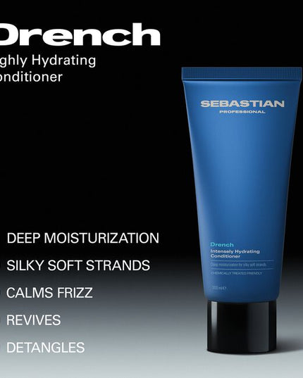Sebastian Professional Drench Intensely Hydrating Conditioner, a deeply moisturizing conditioner that loves dry, thirsty hair. The intensely hydrating formula drenches and detangles to calm frizz and revive softness. Suitable for colored and chemically treated hair.