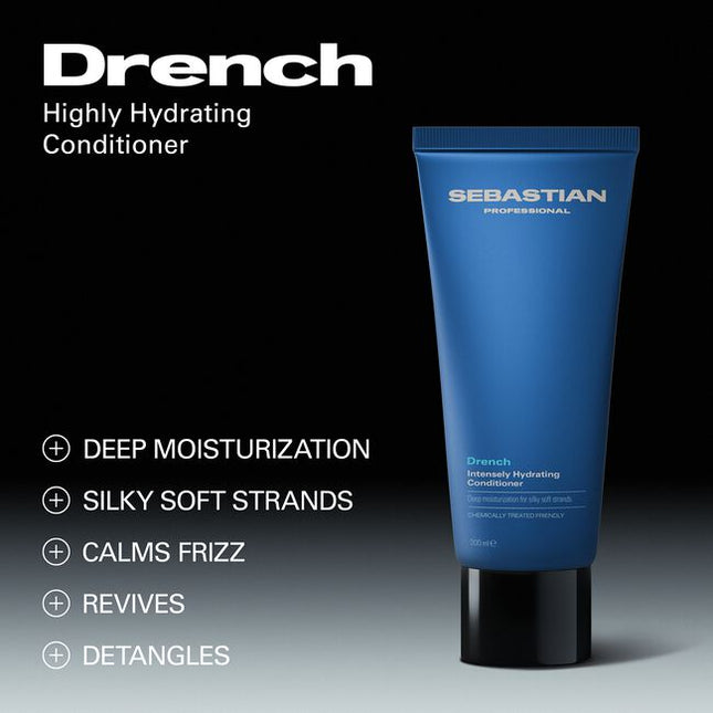Sebastian Professional Drench Intensely Hydrating Conditioner, a deeply moisturizing conditioner that loves dry, thirsty hair. The intensely hydrating formula drenches and detangles to calm frizz and revive softness. Suitable for colored and chemically treated hair.