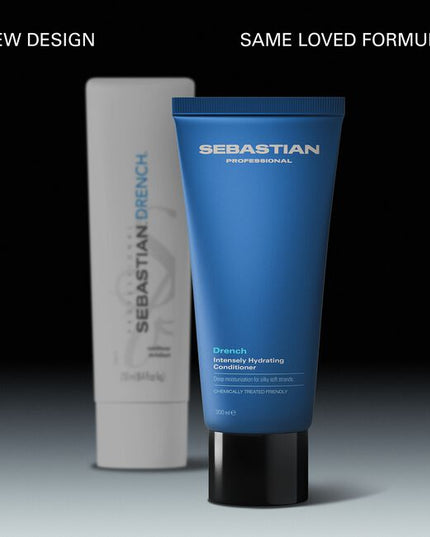 Sebastian Professional Drench Intensely Hydrating Conditioner, a deeply moisturizing conditioner that loves dry, thirsty hair. The intensely hydrating formula drenches and detangles to calm frizz and revive softness. Suitable for colored and chemically treated hair.