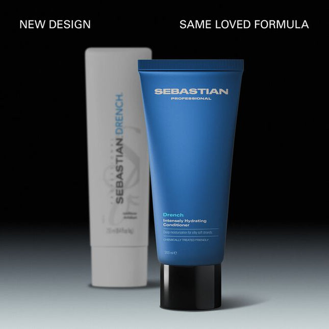 Sebastian Professional Drench Intensely Hydrating Conditioner, a deeply moisturizing conditioner that loves dry, thirsty hair. The intensely hydrating formula drenches and detangles to calm frizz and revive softness. Suitable for colored and chemically treated hair.