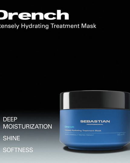 Sebastian Professional Drench Intensely Hydrating Treatment Mask is a 5-minute hair rehab for deep moisturization and movement. Intensely hydrating and chemically-treated friendly, the moisturizing formula loves dry, thirsty hair. use the Smooth and Shine Mask as part of a Dark Oil hair routine. Dark Oil Mask—part of the Dark Oil routine that loves all hair types.