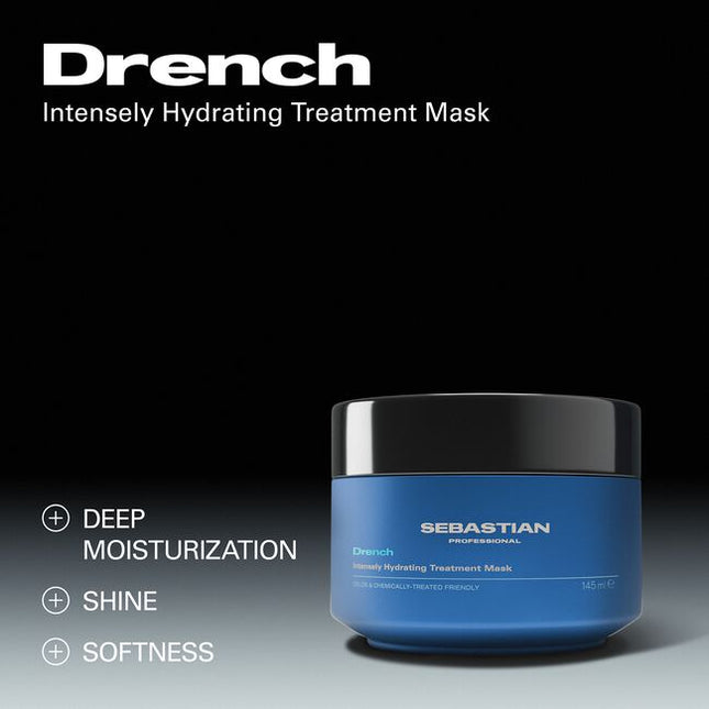 Sebastian Professional Drench Intensely Hydrating Treatment Mask is a 5-minute hair rehab for deep moisturization and movement. Intensely hydrating and chemically-treated friendly, the moisturizing formula loves dry, thirsty hair. use the Smooth and Shine Mask as part of a Dark Oil hair routine. Dark Oil Mask—part of the Dark Oil routine that loves all hair types.