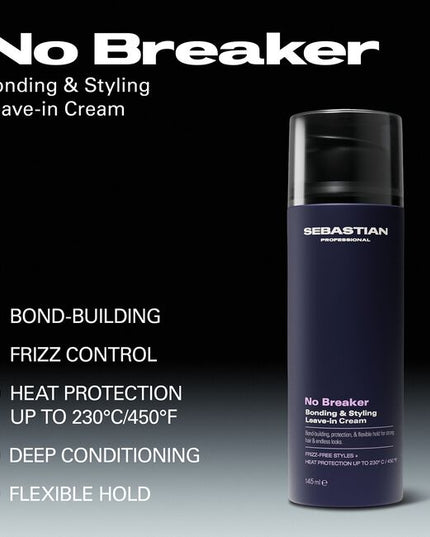 Sebastian Professional NO.BREAKER Bonding & Styling Leave-In Cream loves stressed hair, providing bond-building for frizz control, workable hold & deep conditioning. Achieve frizz-free styles + heat protection up to 230º C / 450 ºF.
