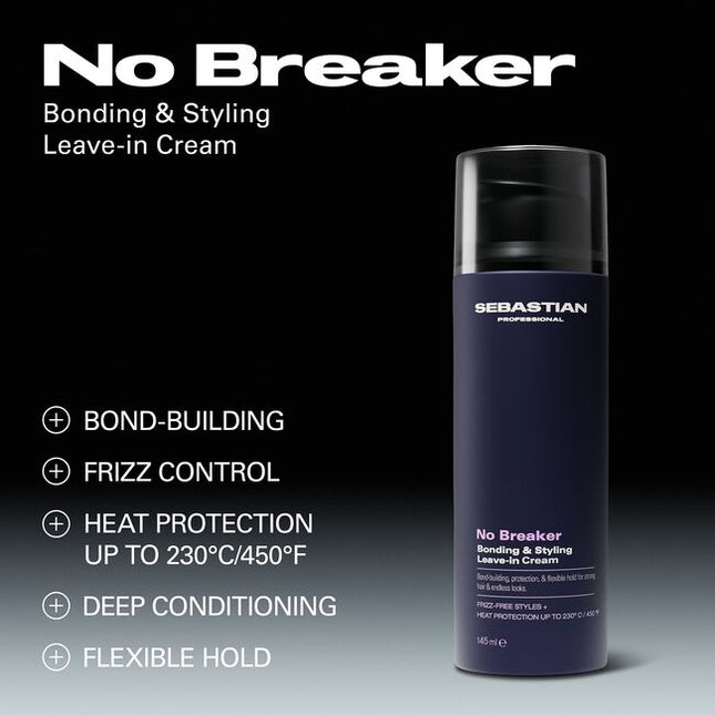 Sebastian Professional NO.BREAKER Bonding & Styling Leave-In Cream loves stressed hair, providing bond-building for frizz control, workable hold & deep conditioning. Achieve frizz-free styles + heat protection up to 230º C / 450 ºF.