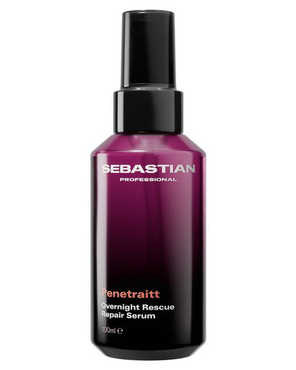 Sebastian Professional Penetraitt Overnight Rescue Repair Serum, a softening, smoothing hair serum. This serum repairs damage and leaves hair replenished and ready to style. With hyaluronic acid and niacinamide for a deep dive hair rescue. Penetraitt Overnight Repair—a hair serum that loves stressed hair.