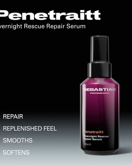 Sebastian Professional Penetraitt Overnight Rescue Repair Serum, a softening, smoothing hair serum. This serum repairs damage and leaves hair replenished and ready to style. With hyaluronic acid and niacinamide for a deep dive hair rescue. Penetraitt Overnight Repair—a hair serum that loves stressed hair.