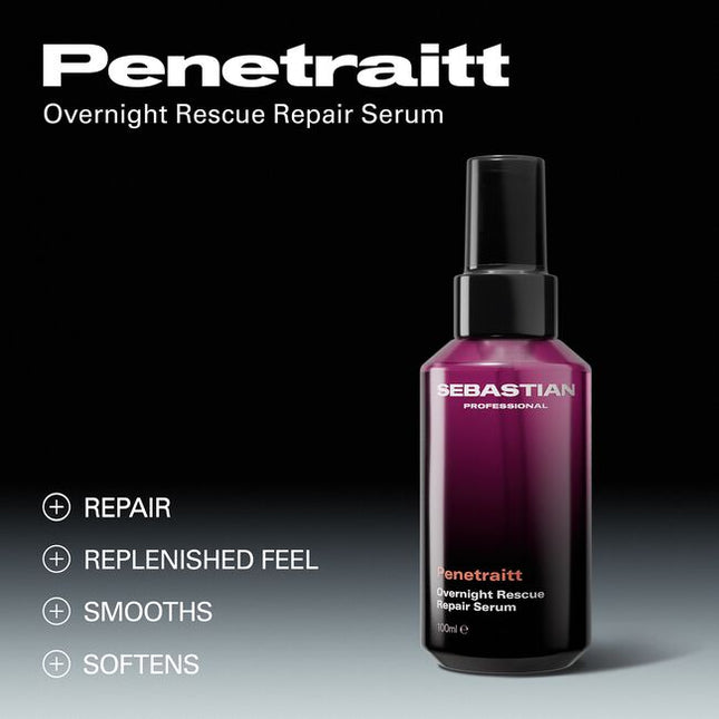 Sebastian Professional Penetraitt Overnight Rescue Repair Serum, a softening, smoothing hair serum. This serum repairs damage and leaves hair replenished and ready to style. With hyaluronic acid and niacinamide for a deep dive hair rescue. Penetraitt Overnight Repair—a hair serum that loves stressed hair.