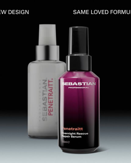 Sebastian Professional Penetraitt Overnight Rescue Repair Serum, a softening, smoothing hair serum. This serum repairs damage and leaves hair replenished and ready to style. With hyaluronic acid and niacinamide for a deep dive hair rescue. Penetraitt Overnight Repair—a hair serum that loves stressed hair.